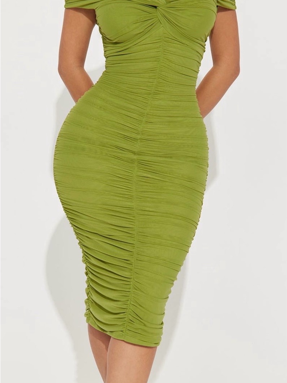 Fashion Nova Olive Ruched Draped Midi Dress